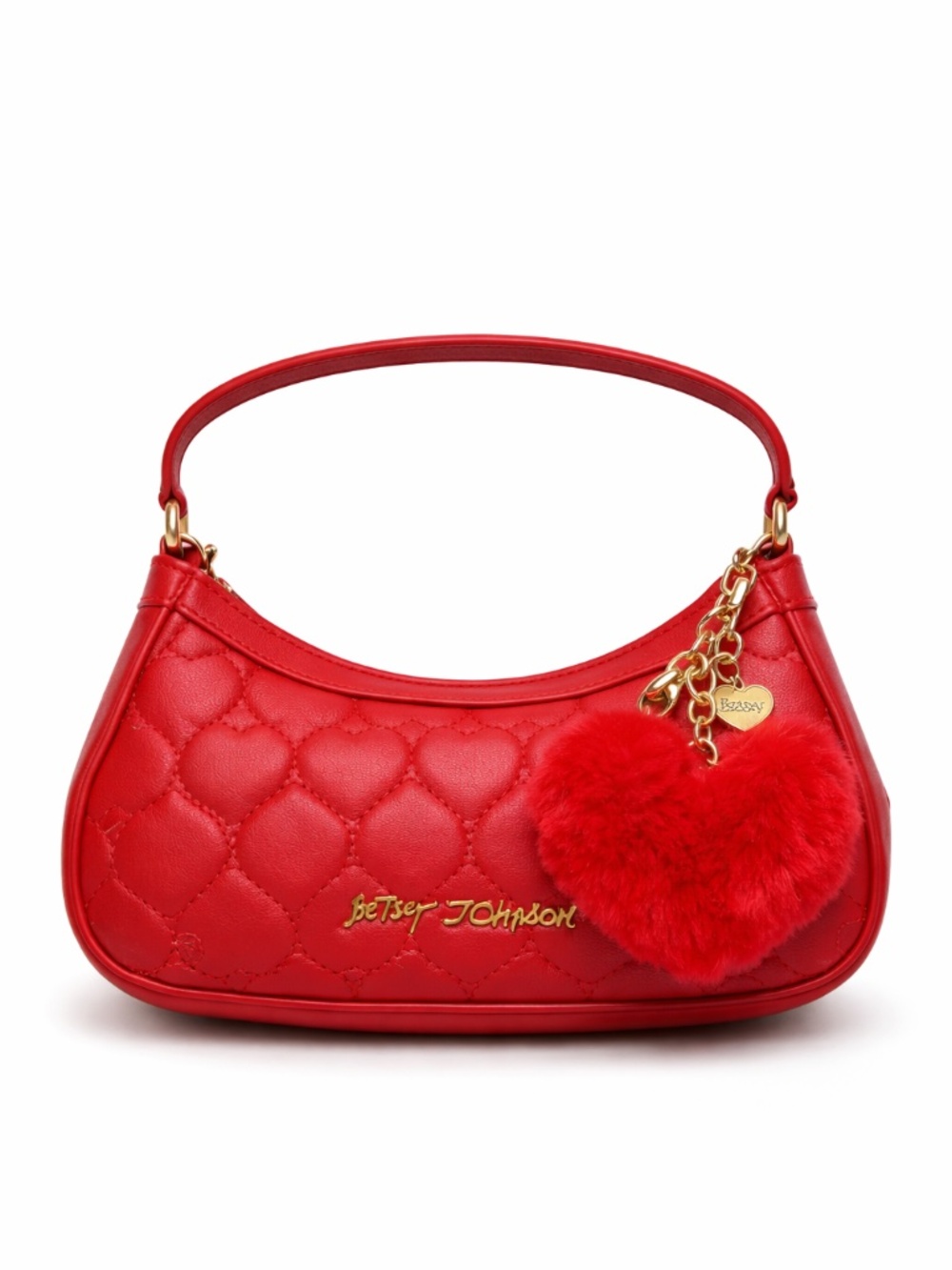 Betsey Johnson Red Quilted Heart Mini Shoulder Bag Faux Fur Charm NWT